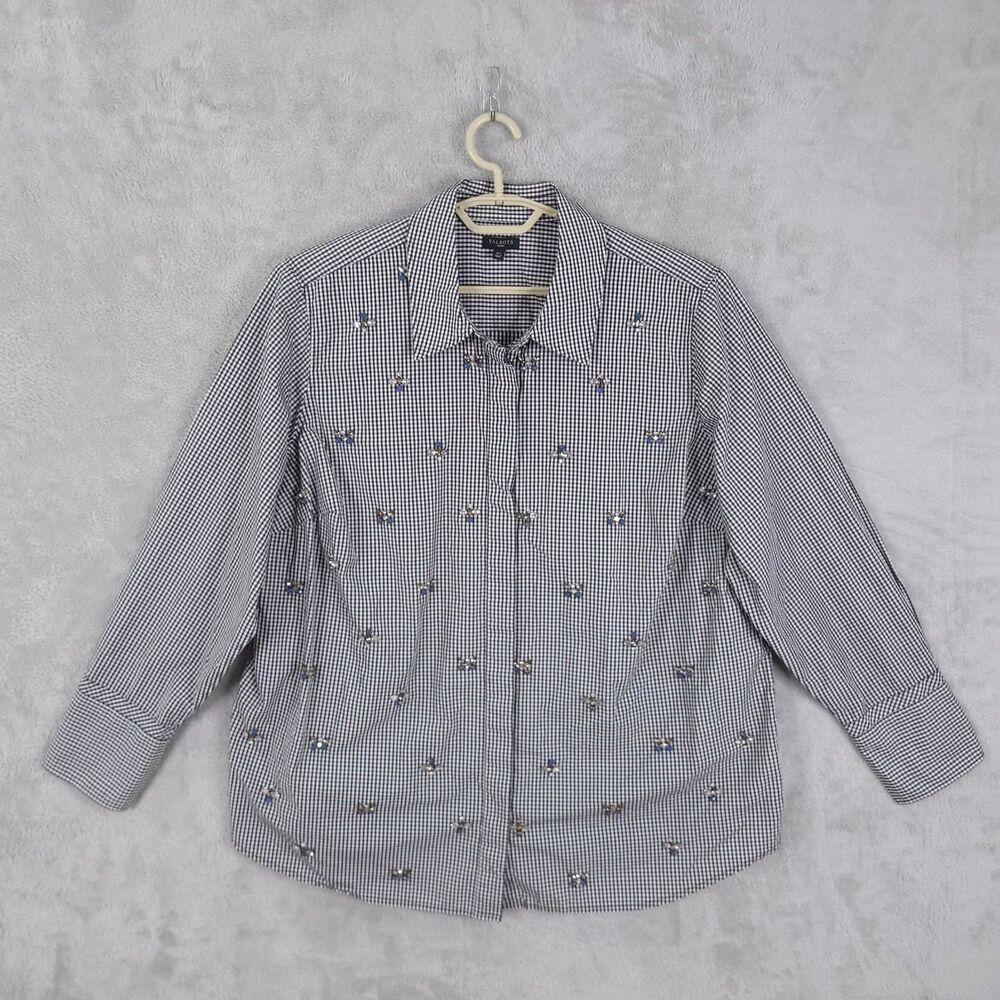 Talbots Top Shirt Womens Size Plus 2X Gingham Embellished Button Up Long Sleeve